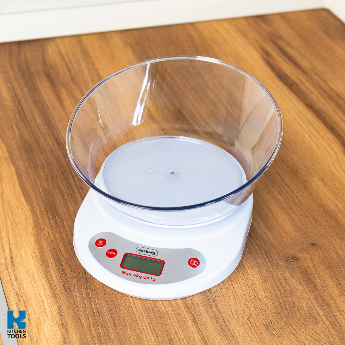 Cantar electronic de bucatarie, 5kg maxim, baterie, prezie 1g, ecran LCD, Rosberg, alb