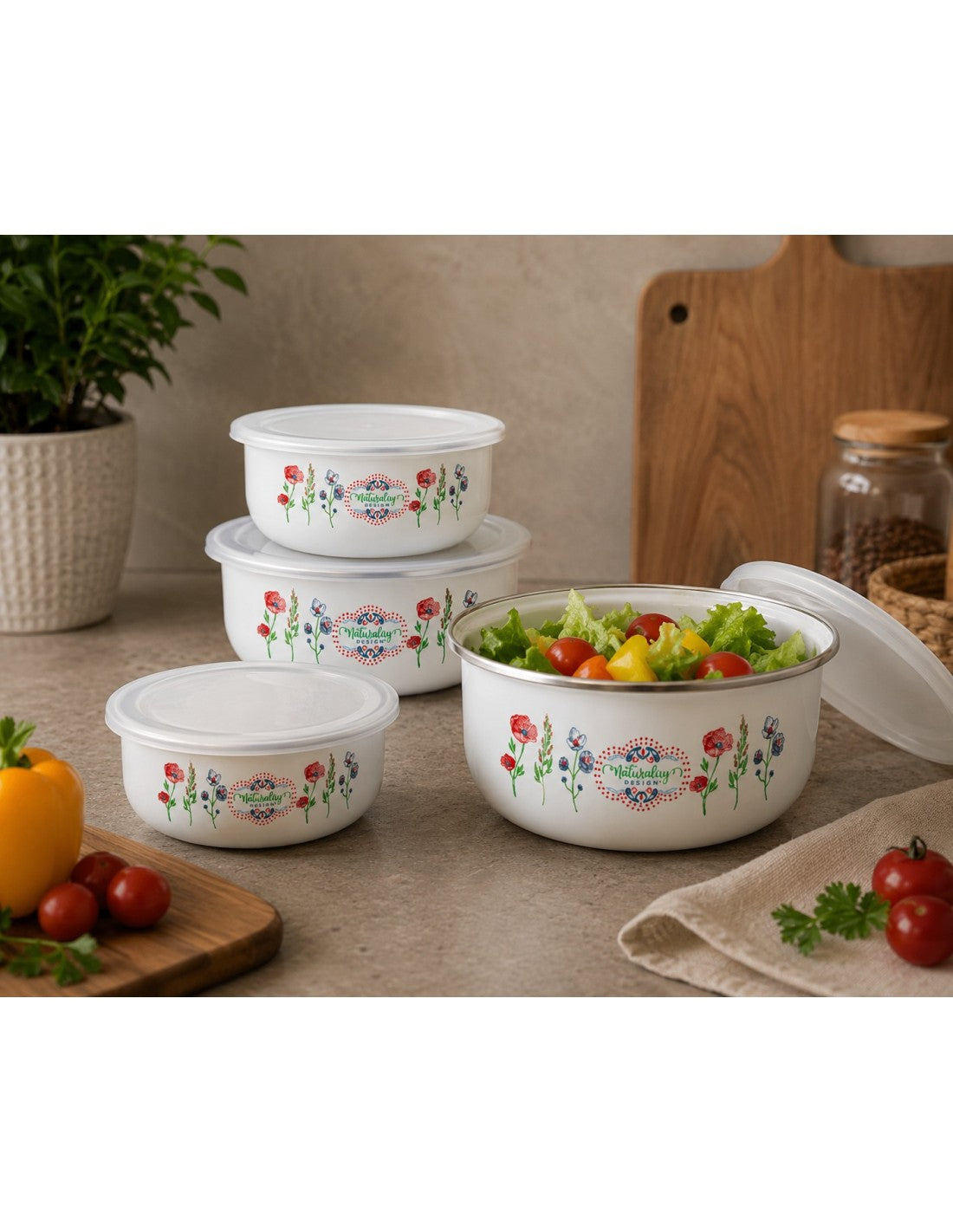 Set 5 boluri emailate pentru depozitare, 10-18cm,