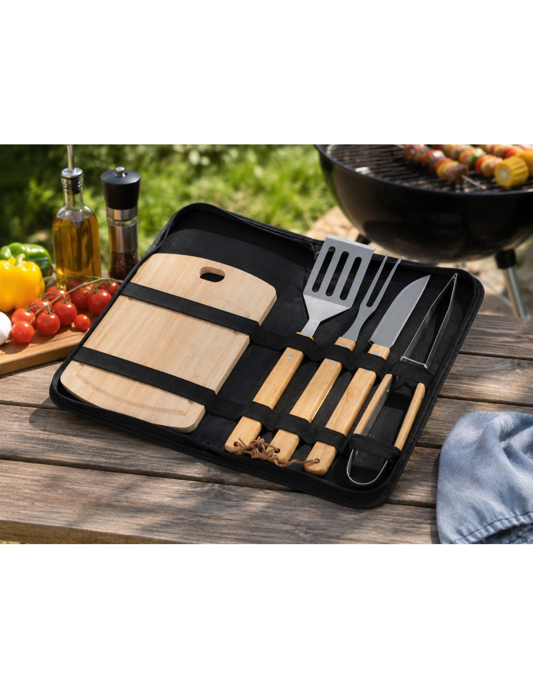 Set ustensile pentru gratar, 6 piese, inox, tocator plastic, 38.5x21x4.5cm, Oliver Voltz