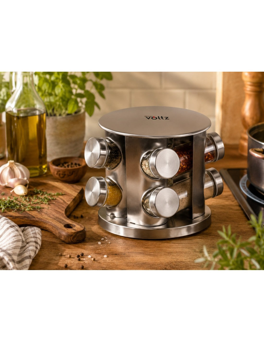 Set pentru condimente din inox, 8 recipiente din sticla cu capac, 2 niveluri, Voltz