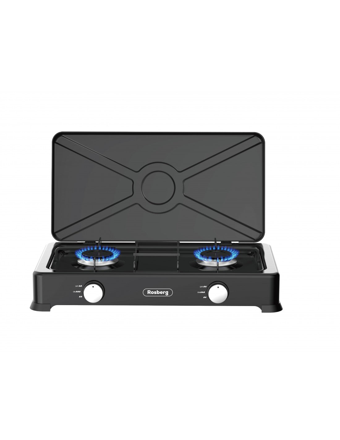 Aragaz pe gaz cu 2 ochiuri si capac metalic, 2x2.2kW, pentru butelie, exterior, Rosberg, negru