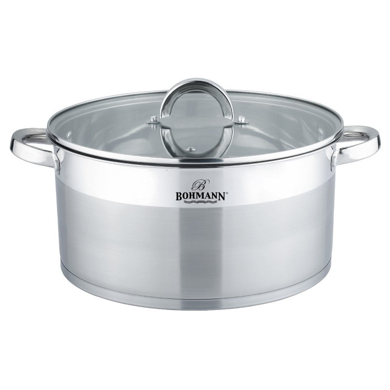 Cratita din inox cu capac, 9.8 litri, 28x16cm, capac sticla termorezistent, compatibil inductie, Bohmann