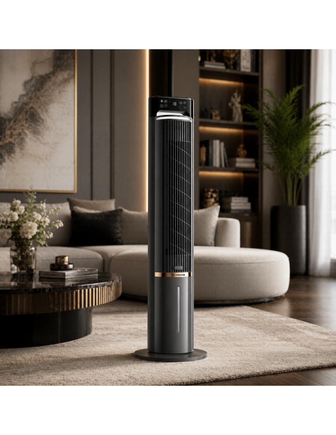 Ventilator turn, 3 viteze, timer, recipient parfum, functie racire, 105 cm, FreshAir, telecomanda, Oliver Voltz