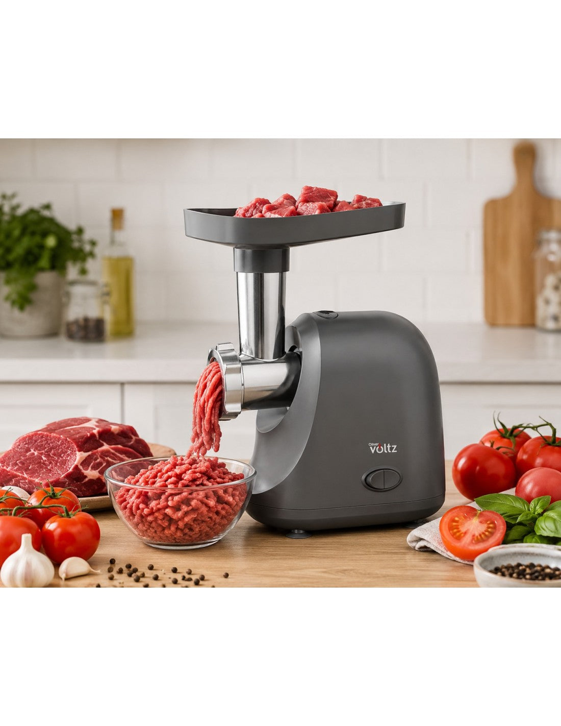 Masina de tocat carne/bulion, 2 functii, 2 site, 800W, functie Reverse, silentioasa, Oliver Voltz, gri