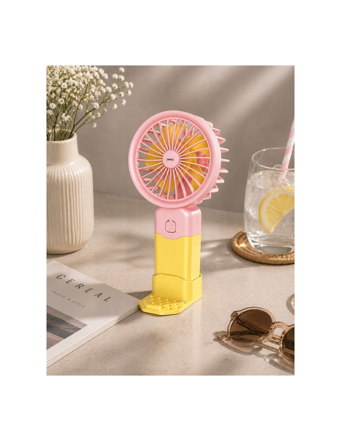 Ventilator portabil USB, 2W, 3 trepte de ventilatie, mod silentios, Rosberg, galben/roz
