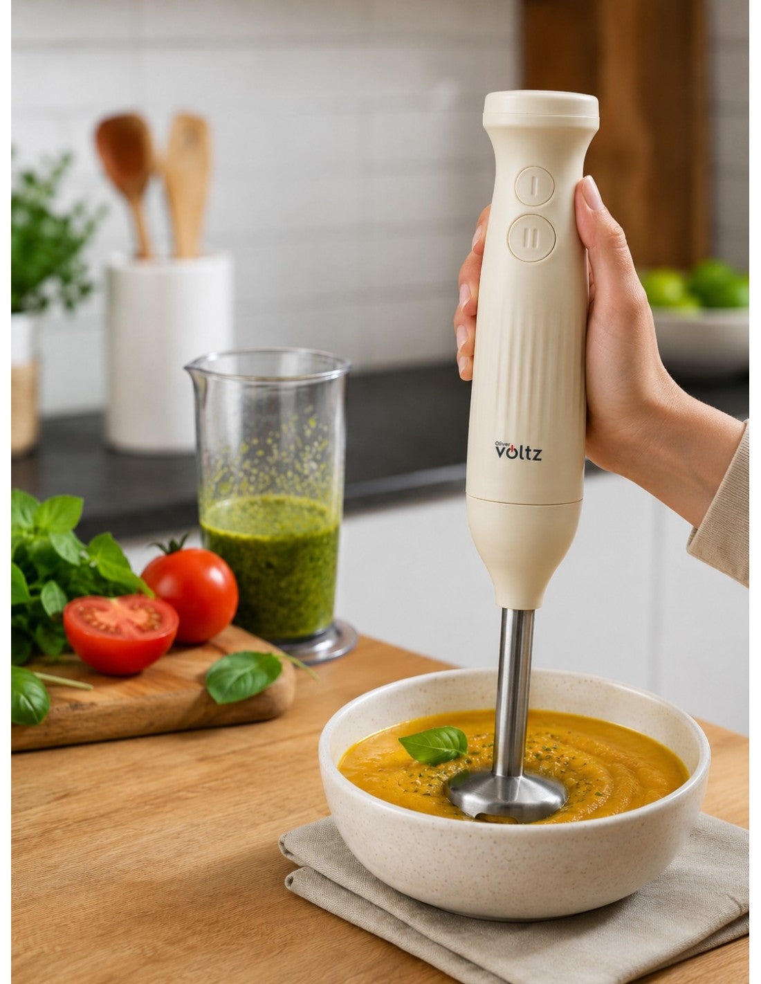 Blender vertical de mana, 600W, lama otel, 2 viteze, Gama Nice, Oliver Voltz, crem